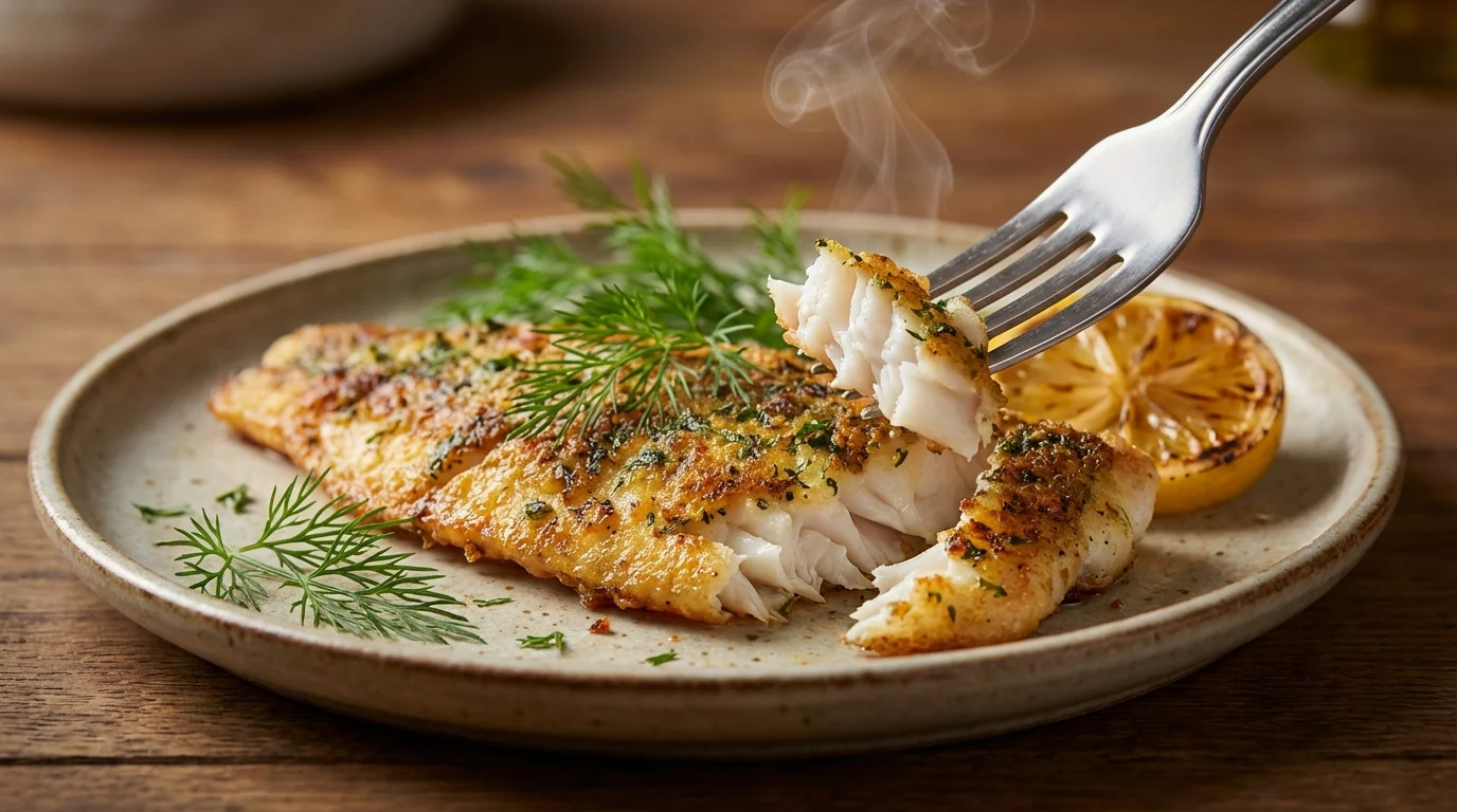 Zbliżenie na smażony filet z okonia w ziołowej panierce na talerzu. Widelec unosi kawałek parującej ryby, obok koper i cytryna.