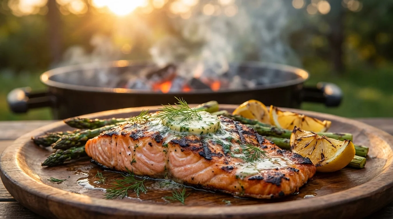 Grillowany filet z pstrąga łososiowego z masłem czosnkowym, koperkiem i szparagami na drewnianym talerzu.