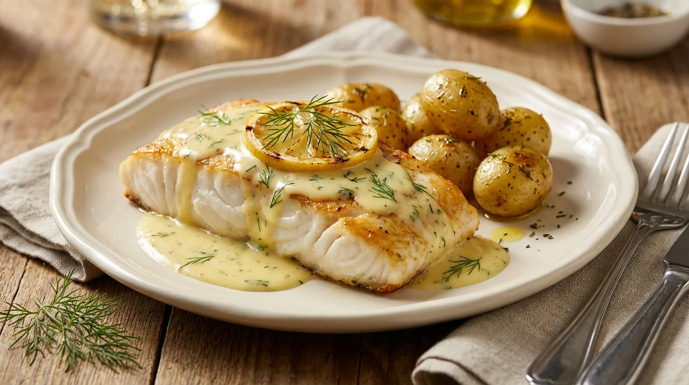 Złocisty filet z pieczonego halibuta polany sosem cytrynowo-koperkowym i udekorowany cytryną, podany z pieczonymi ziemniakami na białym talerzu.