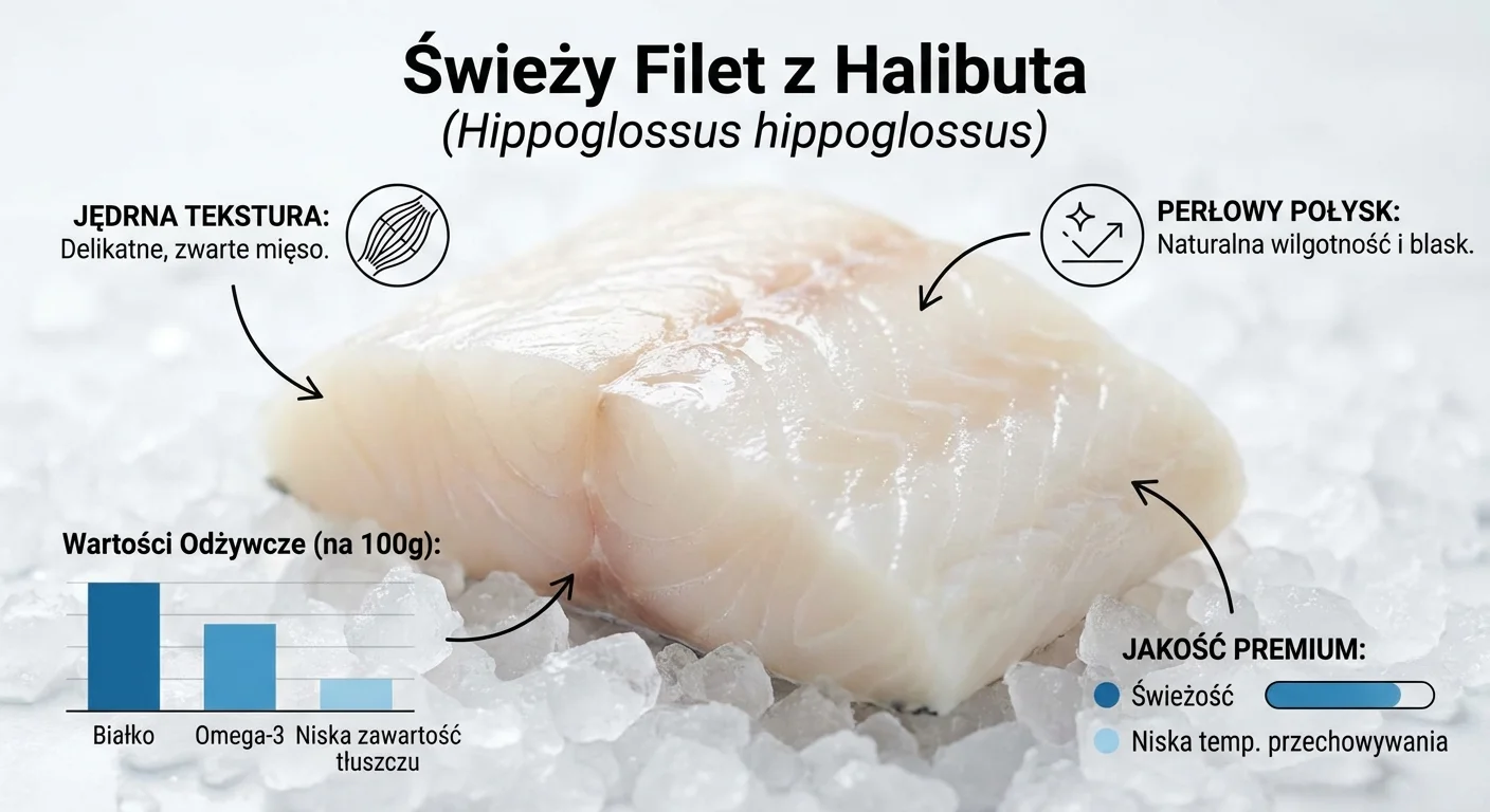 Zdjęcie makro idealnie świeżego, białego filetu z halibuta leżącego na lodzie, podkreślające jego jędrną teksturę i perłowy połysk.