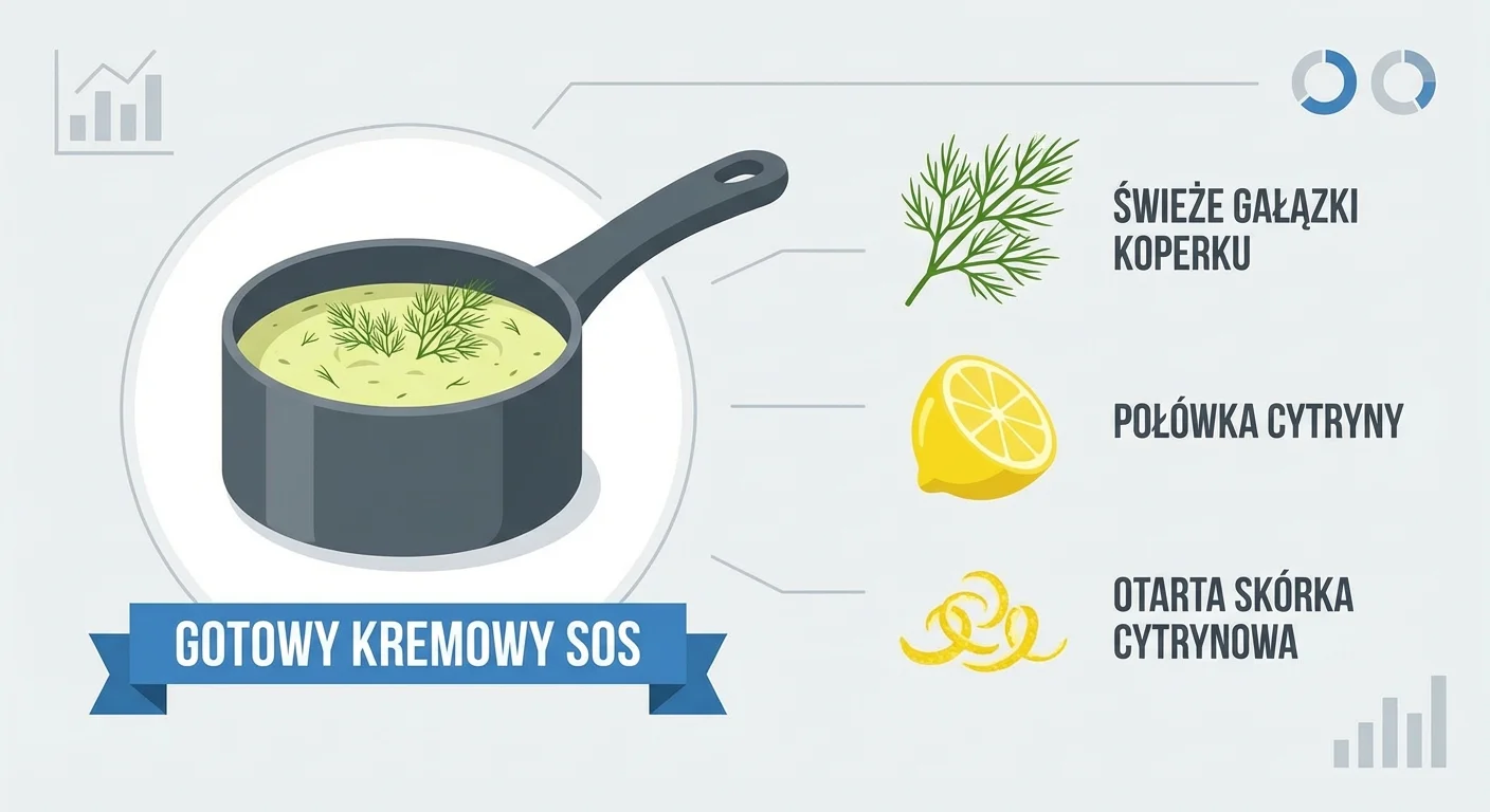 Stylowe ujęcie małego rondelka z gotowym, kremowym sosem cytrynowo-koperkowym. Obok leżą świeże gałązki koperku, połówka cytryny i otarta skórka cytrynowa, co ilustruje składniki sosu.