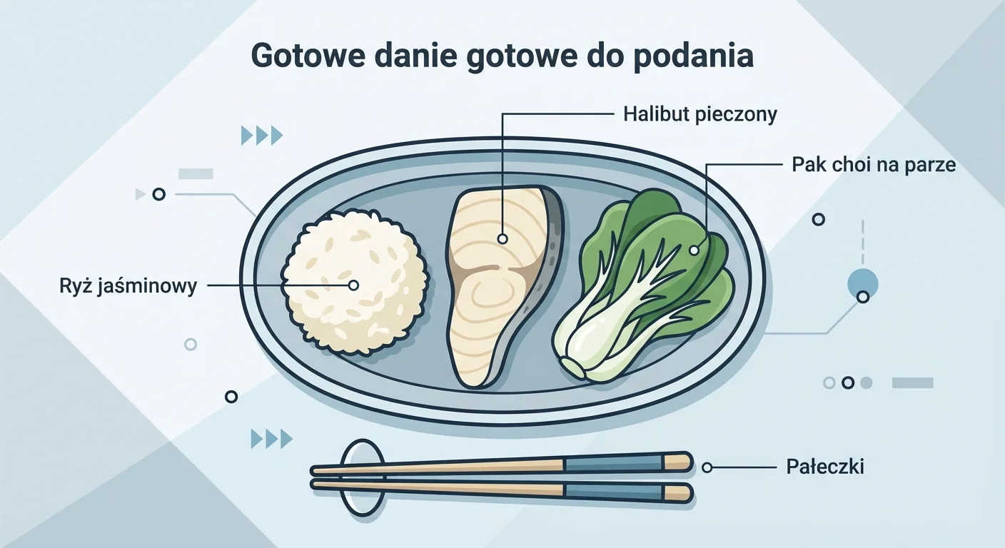 An overhead shot of the finished dish ready to be served. The halibut is presented on a platter with jasmine rice and some lightly steamed greens like pak choi on the side. Chopsticks are resting next to the platter.