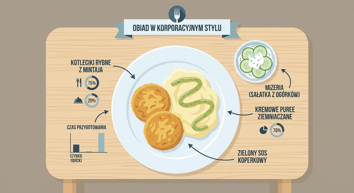 A beautifully styled plate with two golden-brown hoki fish cakes, a generous dollop of creamy mashed potatoes, drizzled with a vibrant green dill sauce. A side of fresh cucumber salad (mizeria) is visible. The setting is a cozy, well-lit dining table.