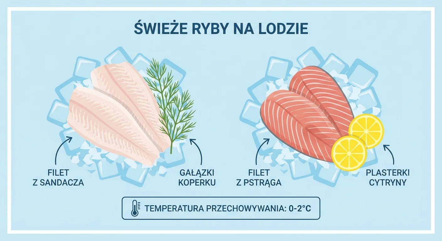 Piękne, świeże filety z sandacza i pstrąga ułożone na lodzie z gałązkami świeżego koperku i plasterkami cytryny.