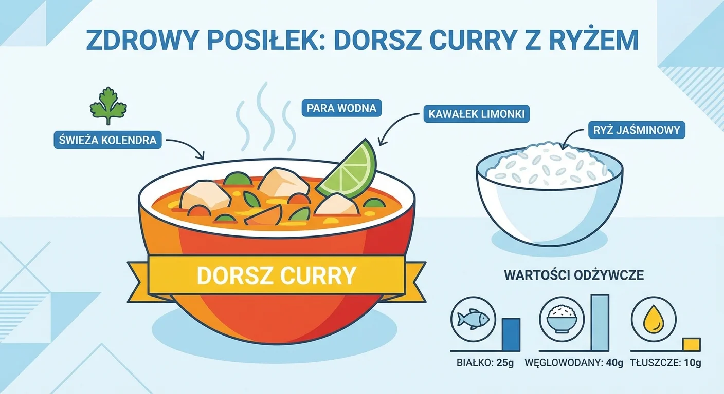 A vibrant, colorful bowl of cod curry, steaming hot, garnished with fresh cilantro and a lime wedge, served next to a bowl of jasmine rice.