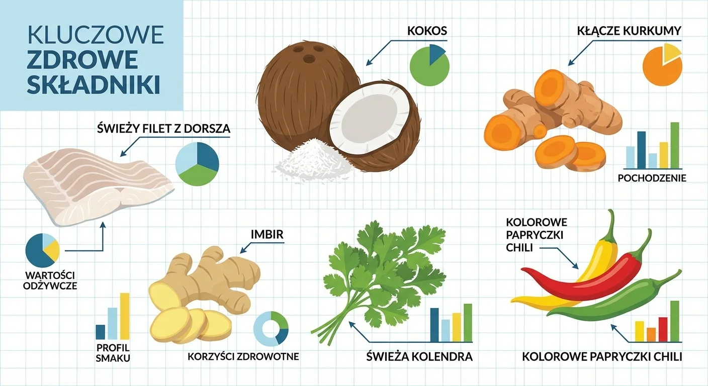 An artistic flat lay of the key healthy ingredients: a fresh cod fillet, a coconut, a turmeric root, ginger, fresh cilantro, and colorful chili peppers.