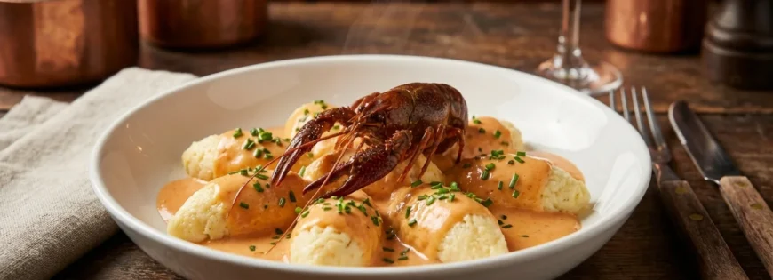 Francuskie quenelles w aksamitnym sosie rakowym, udekorowane całym rakiem i szczypiorkiem na białym talerzu.