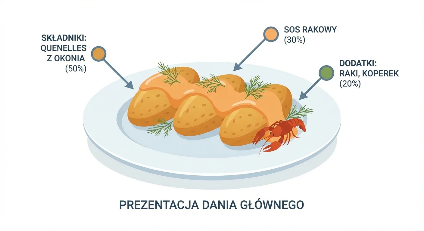 Elegancko podane, złociste quenelles z okonia na białym talerzu, polane aksamitnym, pomarańczowo-kremowym sosem rakowym, udekorowane świeżym koperkiem i całymi rakami.
