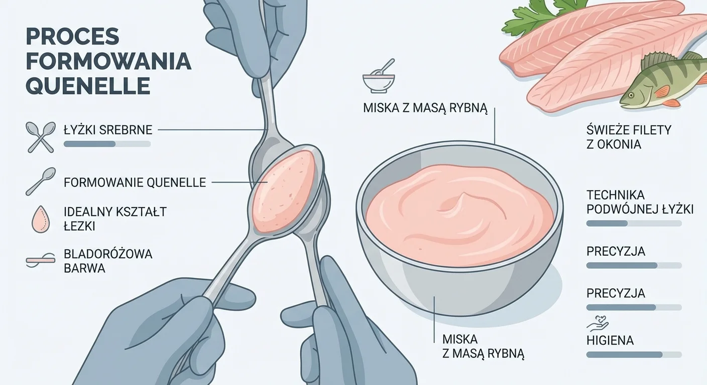 Zbliżenie na proces formowania quenelle za pomocą dwóch srebrnych łyżek. Obok leży miska z gładką, bladoróżową masą rybną, a w tle widać świeże filety z okonia.