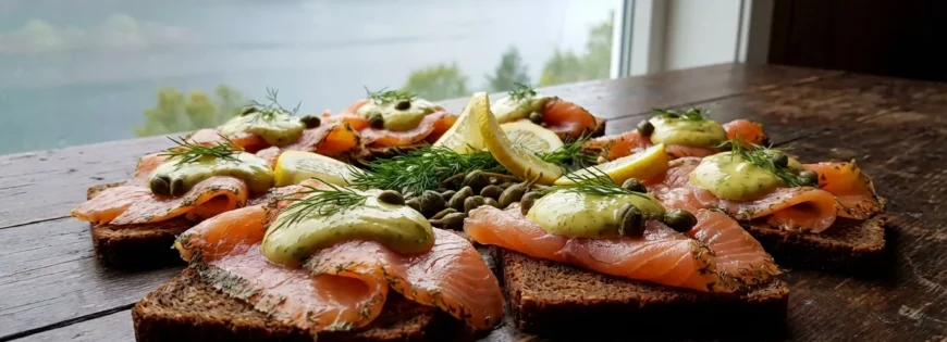 Kanapki z domowym gravlaxem z pstrąga łososiowego, sosem koperkowym, kaparami i cytryną na ciemnym chlebie.