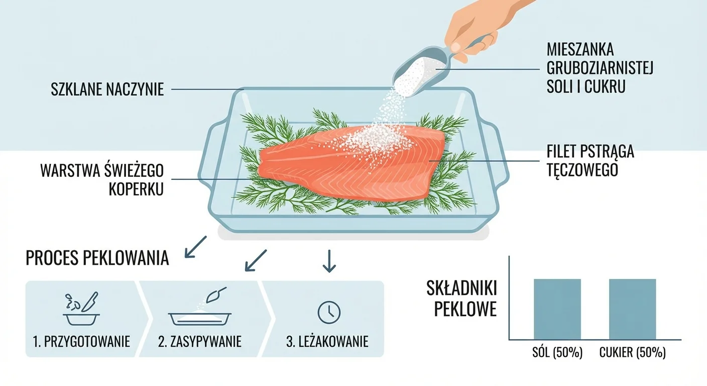 A beautifully prepared raw salmon trout fillet lying on a bed of fresh dill, being covered with a coarse salt and sugar mixture in a glass dish.