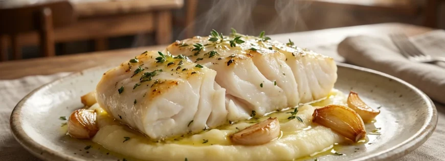 Parujący, soczysty filet z dorsza konfitowanego na kremowym puree, udekorowany pieczonym czosnkiem i świeżym tymiankiem na rustykalnym talerzu.