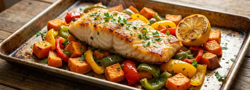 Upieczony filet z dorsza na blaszce z kawałkami batatów, kolorową papryką, cytryną i natką pietruszki.