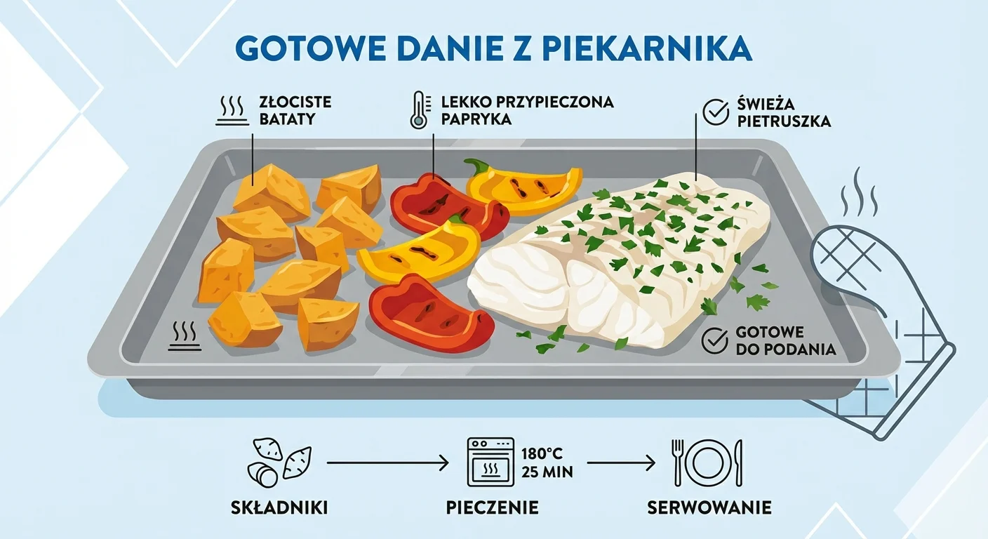 Gotowe danie na blasze wyjętej z piekarnika. Złociste bataty, lekko przypieczona papryka i idealnie upieczony, biały dorsz, posypany świeżą pietruszką.