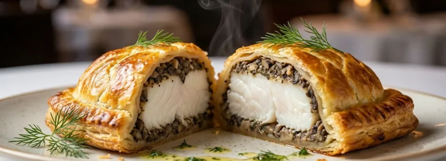 Gorący halibut w złocistym cieście francuskim, przekrojony na pół, z widocznym farszem grzybowym i koperkiem na talerzu w restauracji.