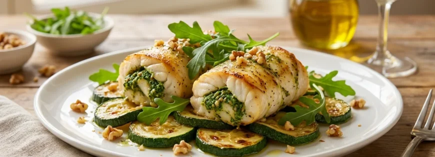 Dwie pieczone roladki rybne z pesto z rukoli, podane na plastrach grillowanej cukinii, posypane orzechami.
