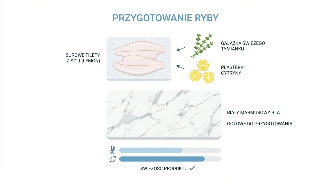Delikatne, surowe filety z soli lemon ułożone na białym, marmurowym blacie, gotowe do przygotowania. Obok leży gałązka świeżego tymianku i kilka plasterków cytryny, podkreślając świeżość produktu.