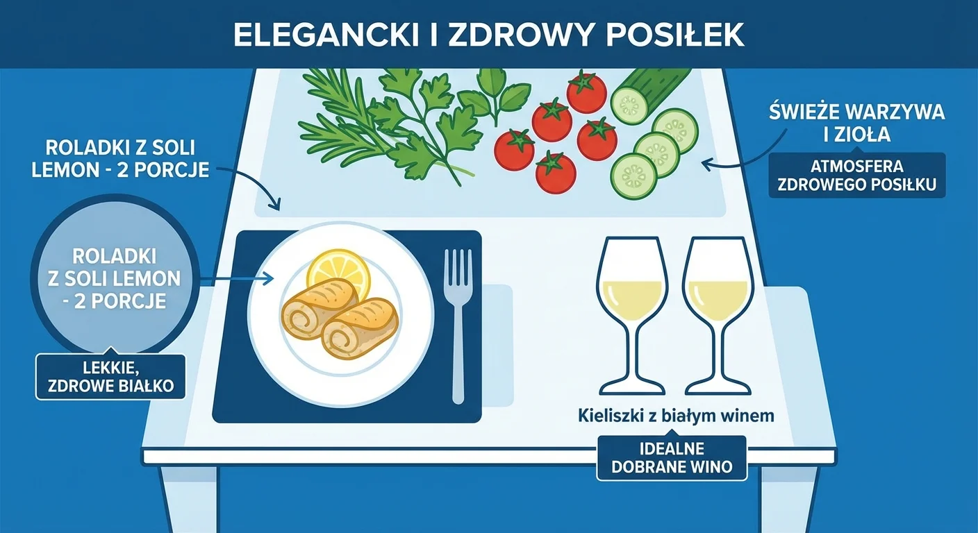 Pięknie nakryty stół z dwiema porcjami roladek z soli lemon na białych talerzach. Obok stoją kieliszki z białym winem, a w tle widać świeże warzywa i zioła, co tworzy atmosferę zdrowego, eleganckiego posiłku.