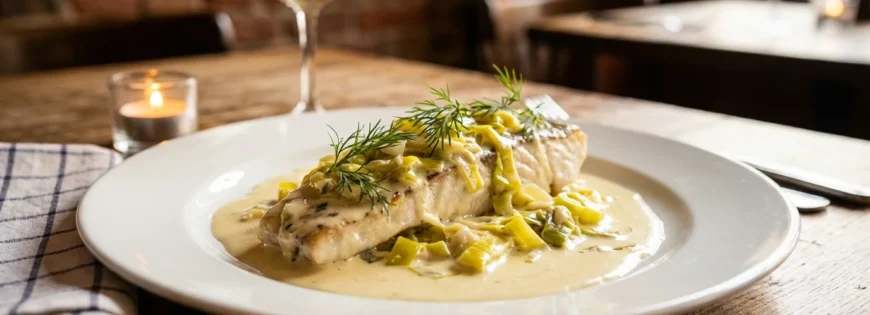 Filet z sandacza w kremowym sosie z duszonymi porami i świeżym koperkiem, podany na białym talerzu w restauracji.