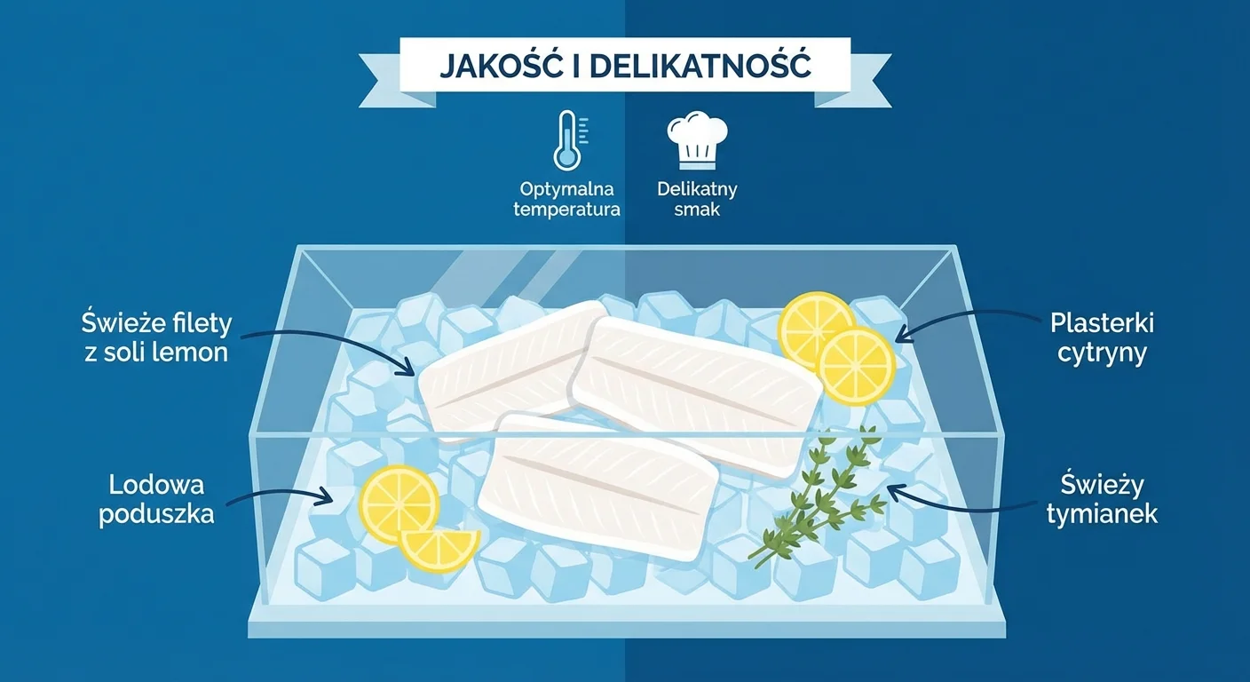 Piękne, świeże filety z soli lemon ułożone na lodzie, z plasterkami cytryny i gałązką świeżego tymianku, podkreślające ich jakość i delikatność.