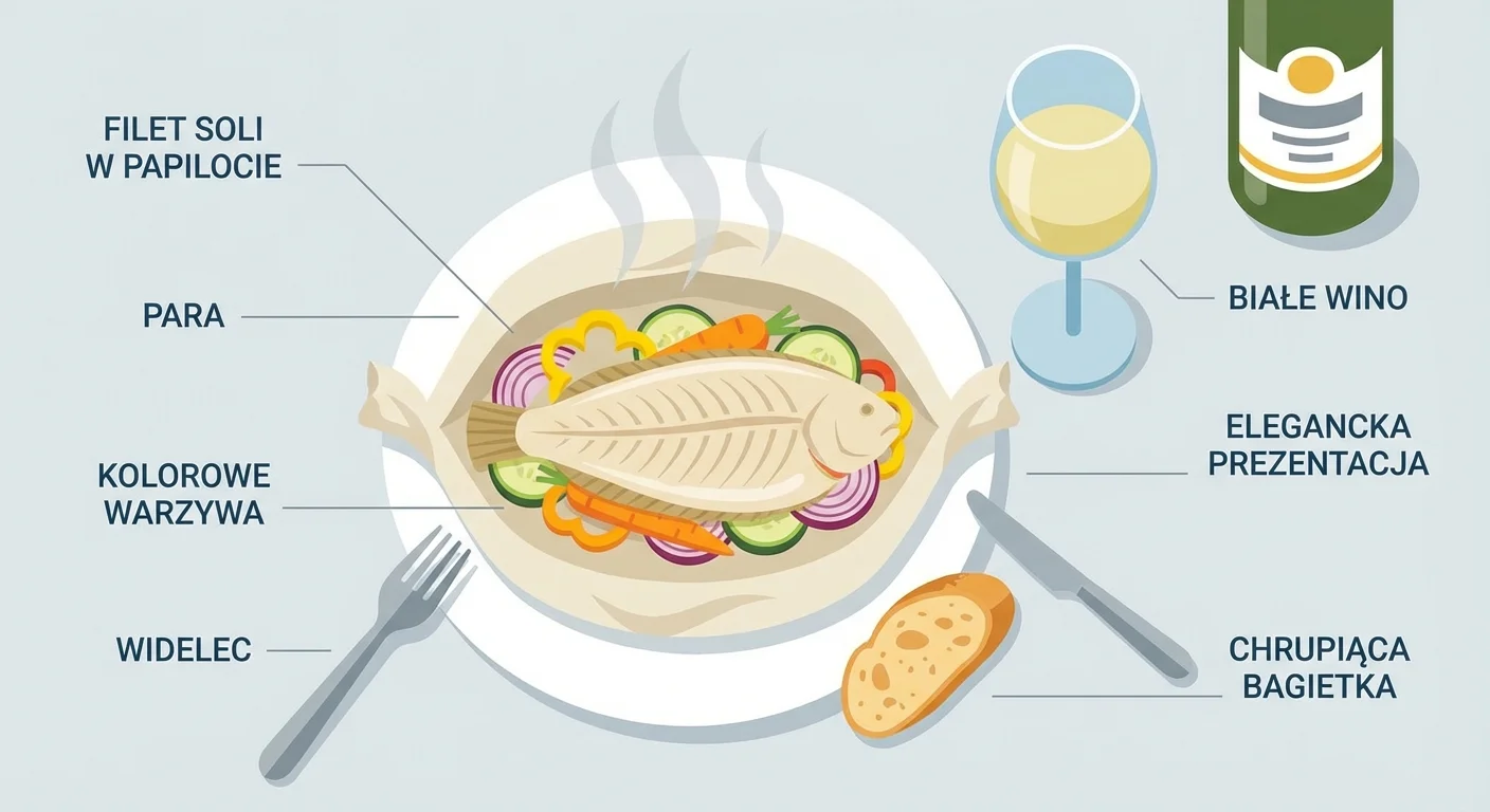 Zdjęcie z góry przedstawiające elegancko podane danie. Na białym talerzu leży lekko rozchylona papilota, z której unosi się para, ukazując idealnie ugotowany filet soli na kolorowych warzywach. Obok leży widelec i kromka chrupiącej bagietki, a w tle widać kieliszek białego wina.