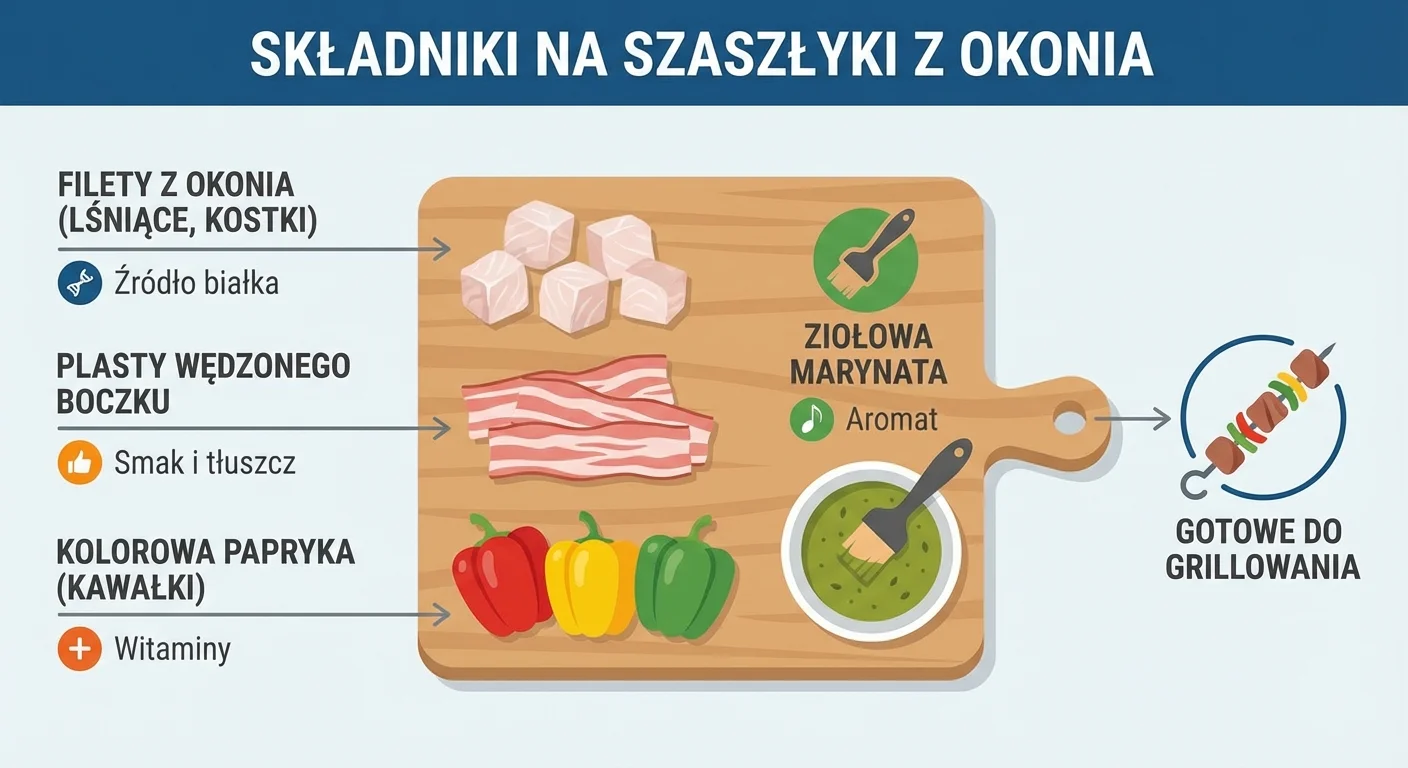 Zdjęcie surowych składników na szaszłyki: lśniące, pokrojone w kostkę filety z okonia, plastry wędzonego boczku, kolorowe kawałki papryki i miseczka z ziołową marynatą, wszystko elegancko ułożone na drewnianej desce.