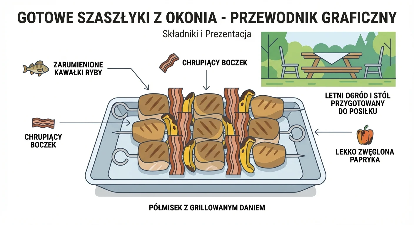 Gotowe, apetycznie zgrillowane szaszłyki z okonia ułożone na dużym półmisku. Widoczne są zarumienione kawałki ryby, chrupiący boczek i lekko zwęglona papryka. W tle letni ogród i stół przygotowany do posiłku.