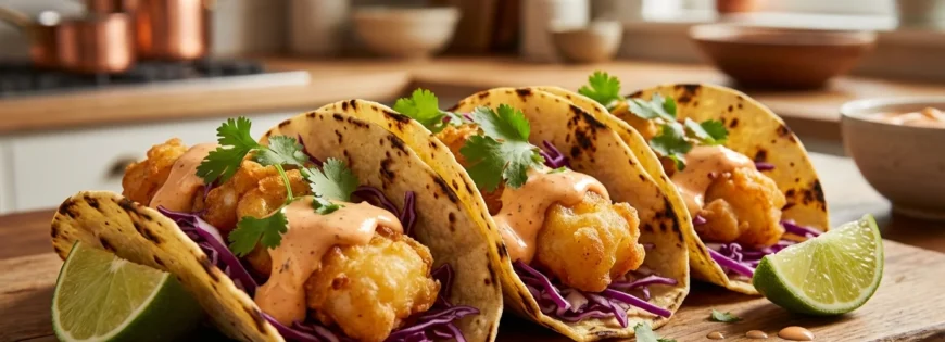 Trzy tacosy rybne na drewnianej desce, wypełnione smażonym dorszem, czerwoną kapustą, sosem i świeżą kolendrą.