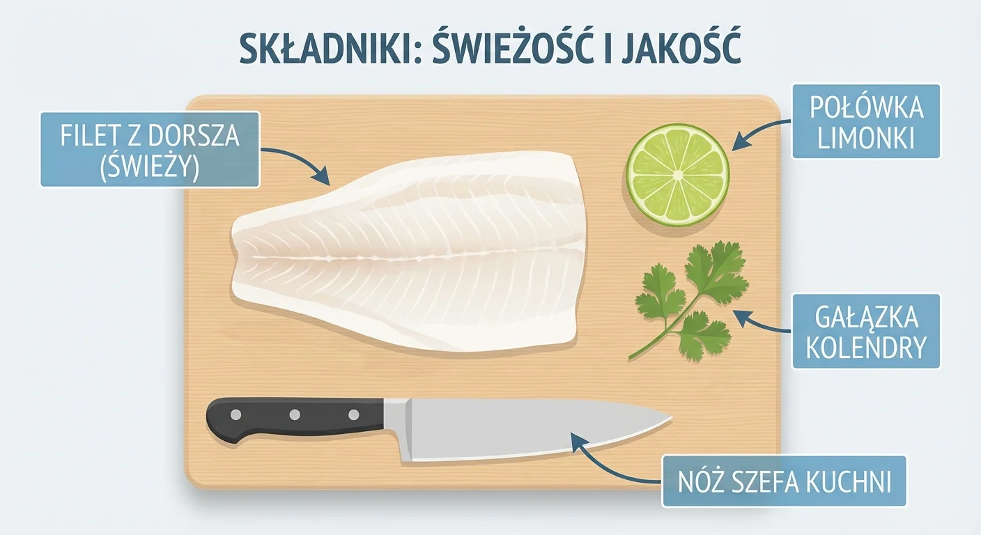 Zdjęcie pięknego, świeżego filetu z dorsza leżącego na desce do krojenia, obok połówki limonki, gałązki kolendry i noża szefa kuchni. Światło jest jasne i naturalne, podkreślając świeżość i jakość produktu.