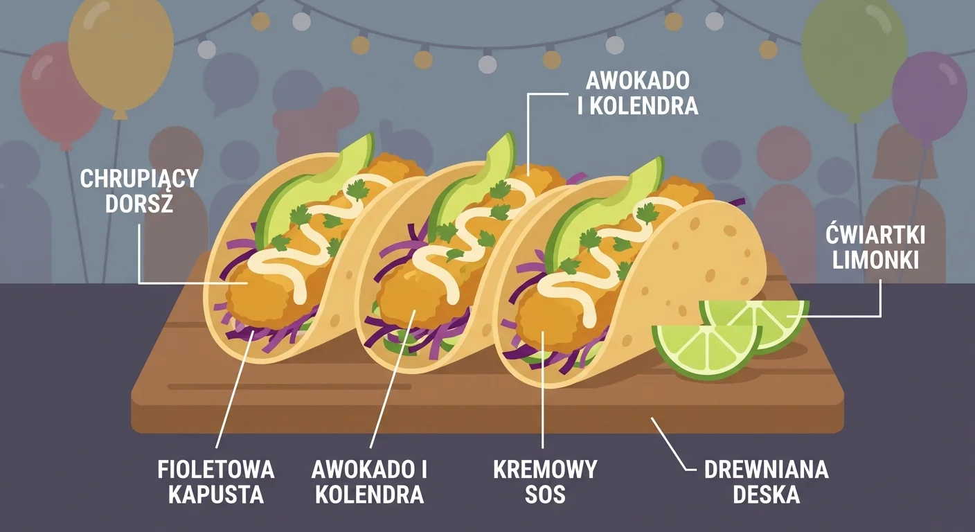 Zdjęcie gotowych, apetycznie wyglądających tacosów rybnych. Trzy tacosy ułożone na drewnianej desce, wypełnione złotym, chrupiącym dorszem, fioletową kapustą, zielonym awokado i kolendrą, polane kremowym sosem. Obok leżą ćwiartki limonki. Tło jest lekko rozmyte, sugerując atmosferę przyjęcia.