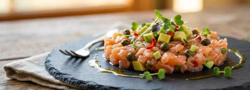 Tatar z pstrąga łososiowego z awokado, kaparami i kiełkami, podany na talerzu z łupka.