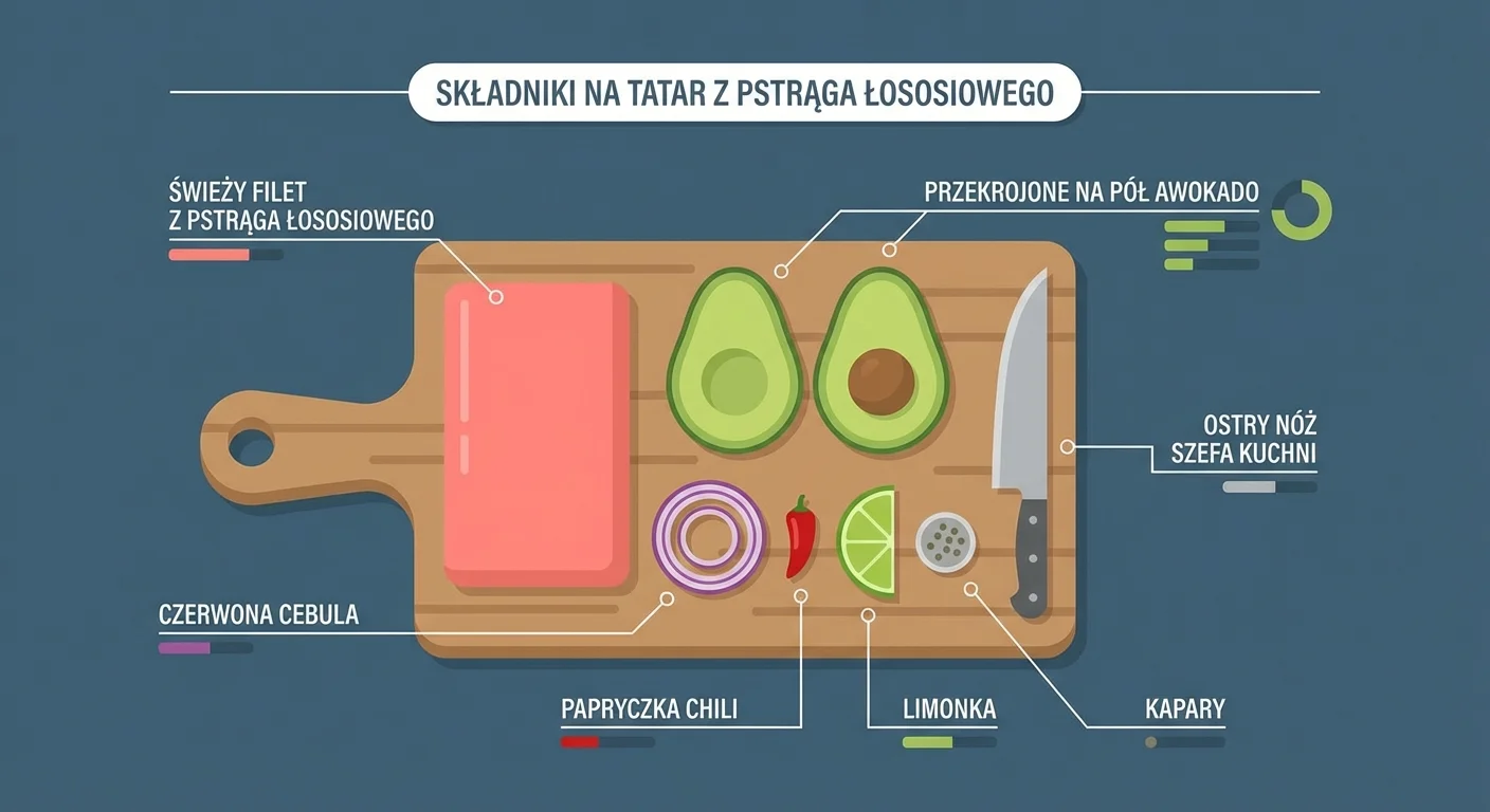 Pięknie zaaranżowane składniki na tatar na drewnianej desce: świeży, różowy filet z pstrąga łososiowego, przekrojone na pół awokado, czerwona cebula, papryczka chili, limonka i mała miseczka z kaparami. Obok leży bardzo ostry nóż szefa kuchni.