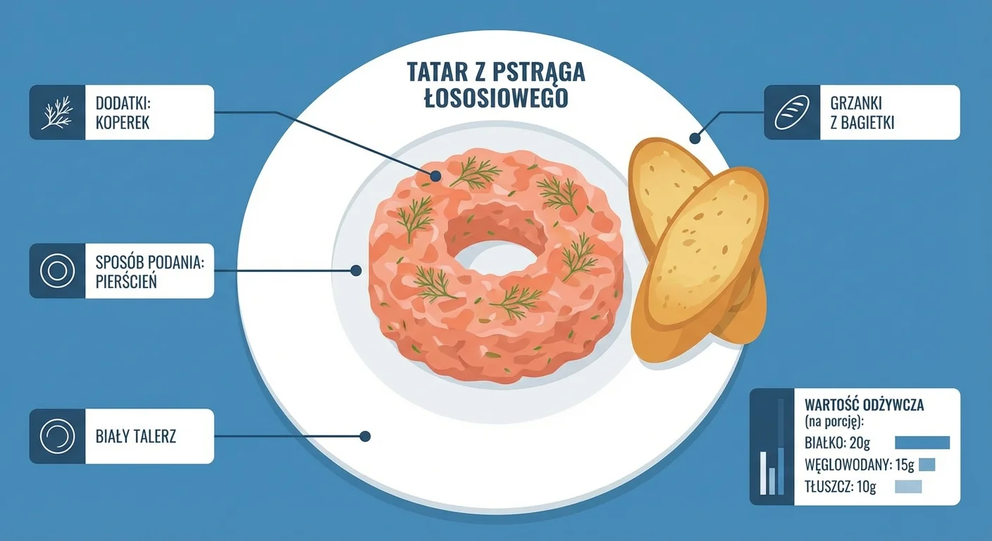 Zbliżenie na gotowy tatar z pstrąga łososiowego, elegancko uformowany w pierścieniu na białym talerzu. Na wierzchu widoczne są drobne listki koperku. Obok leżą dwie chrupiące grzanki z bagietki.