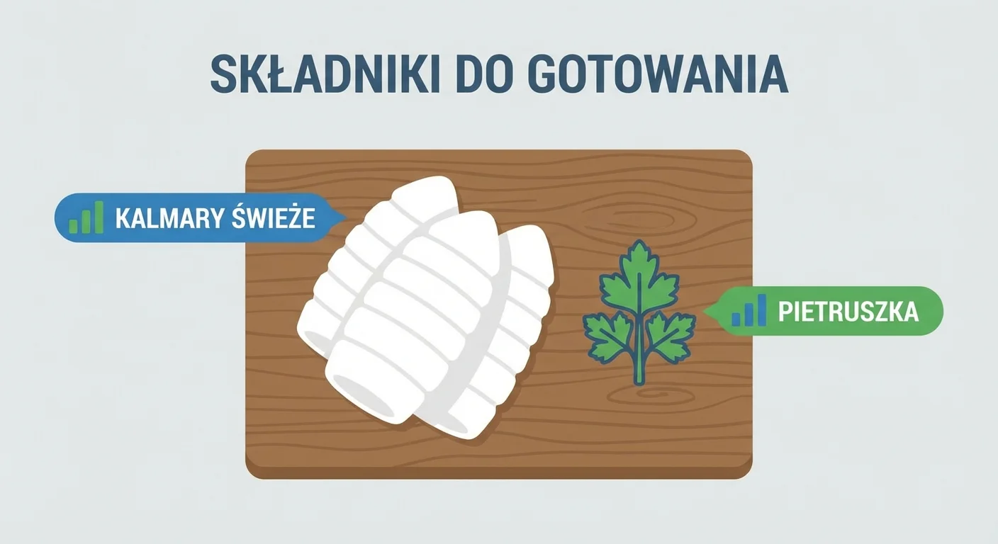 A close-up shot of fresh, clean squid tubes ready for cooking, glistening under soft light on a rustic wooden board with a sprig of parsley.