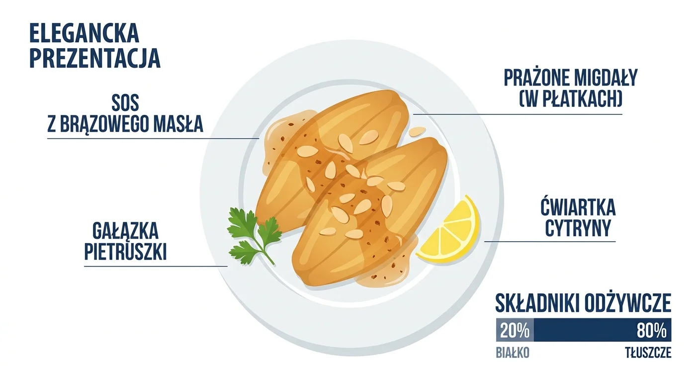 An elegantly plated dish of two golden-brown sole fillets on a white plate, generously drizzled with brown butter sauce and covered with toasted, slivered almonds. A sprig of fresh parsley and a lemon wedge are on the side.