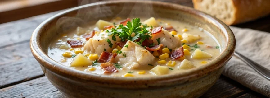 Parująca miska gęstej zupy rybnej chowder z halibutem, boczkiem, kukurydzą i ziemniakami na drewnianym stole.
