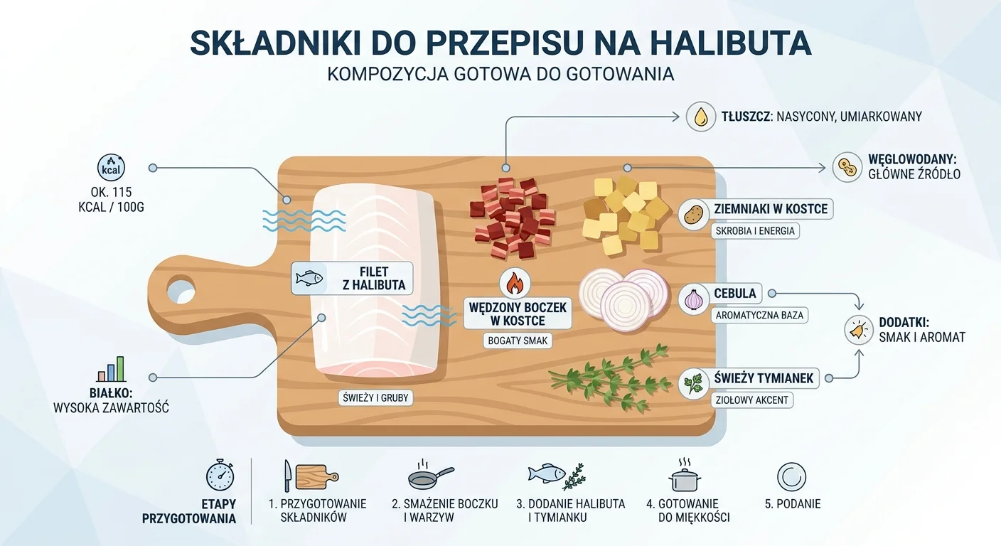 Piękny, gruby i świeży filet z halibuta leżący na desce do krojenia, obok niego pokrojony w kostkę wędzony boczek, ziemniaki, cebula i świeży tymianek, tworząc kompozycję składników gotowych do gotowania.