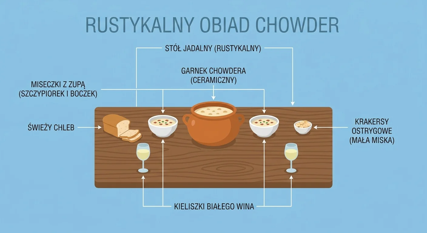 Rustykalny stół jadalny z dużym, ceramicznym garnkiem pełnym gotowego chowdera. Obok stoją miseczki napełnione zupą, posypane szczypiorkiem i boczkiem. Na stole leży też świeży chleb, mała miseczka z krakersami ostrygowymi i kieliszki z białym winem.