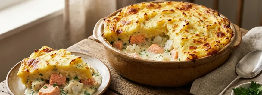Gorący placek rybny (fish pie) w ceramicznym naczyniu, z porcją na talerzu, ukazującą kawałki łososia i dorsza w kremowym sosie pod złocistym puree.