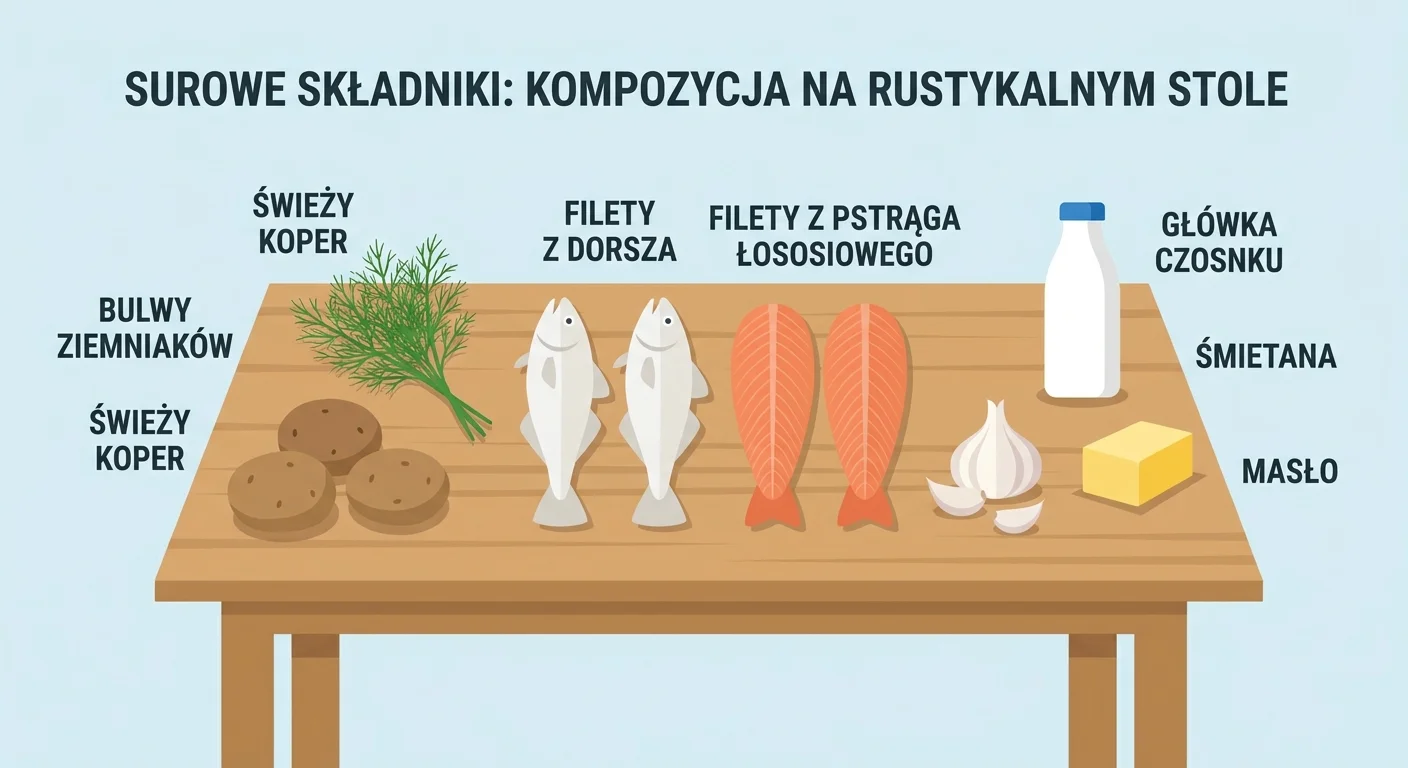 Piękna kompozycja surowych składników na rustykalnym drewnianym stole: dwa świeże, błyszczące filety z dorsza i dwa filety z pstrąga łososiowego o żywym kolorze, obok nich bulwy ziemniaków, świeży koper, główka czosnku, butelka śmietany i kostka masła.