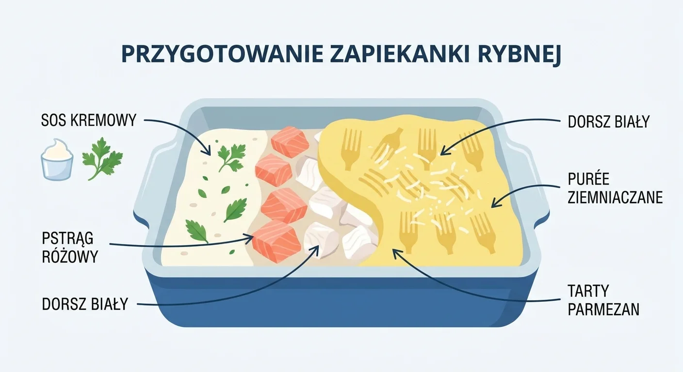 Zbliżenie na naczynie żaroodporne z gotowym do pieczenia plackiem rybnym. Widać kremowy sos z kawałkami różowego pstrąga i białego dorsza, a na wierzchu starannie rozprowadzone purée ziemniaczane z dekoracyjnymi wzorami zrobionymi widelcem, posypane odrobiną parmezanu.
