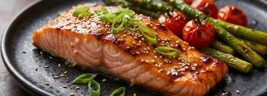 Pieczony filet z pstrąga łososiowego w glazurze miso, posypany sezamem i dymką, podany ze szparagami i pomidorkami na czarnym talerzu.