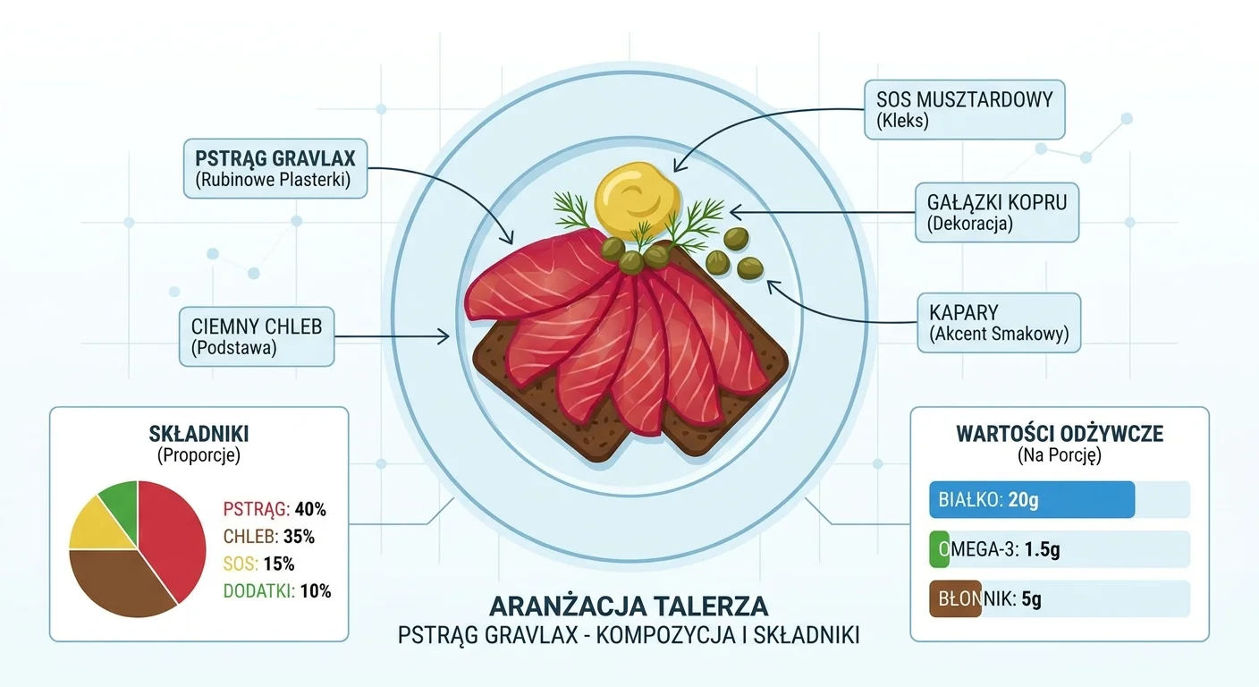 Pięknie zaaranżowany talerz z cienkimi, rubinowymi plasterkami pstrąga gravlax, ułożonymi na ciemnym chlebie, z kleksem sosu musztardowego, gałązkami kopru i kaparami.