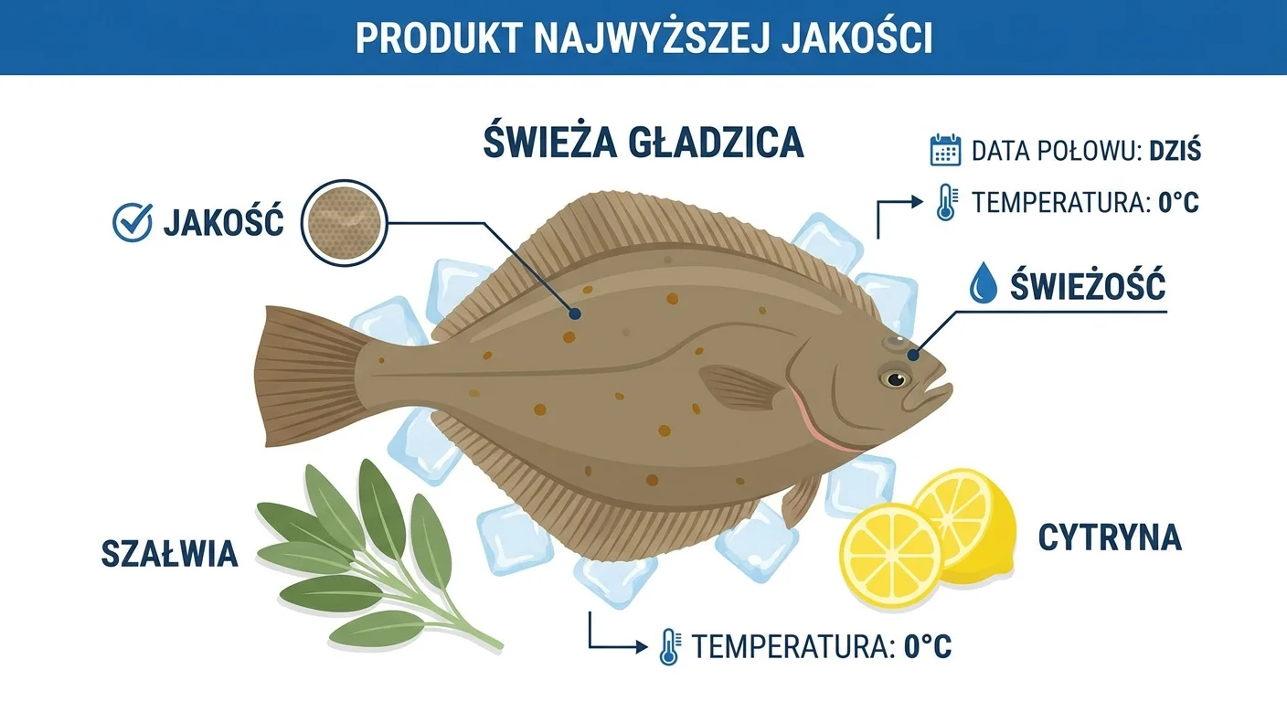 Piękna, cała, surowa gładzica leżąca na lodzie, z kilkoma gałązkami świeżej szałwii i cytryną obok. Zdjęcie podkreśla świeżość i jakość produktu.