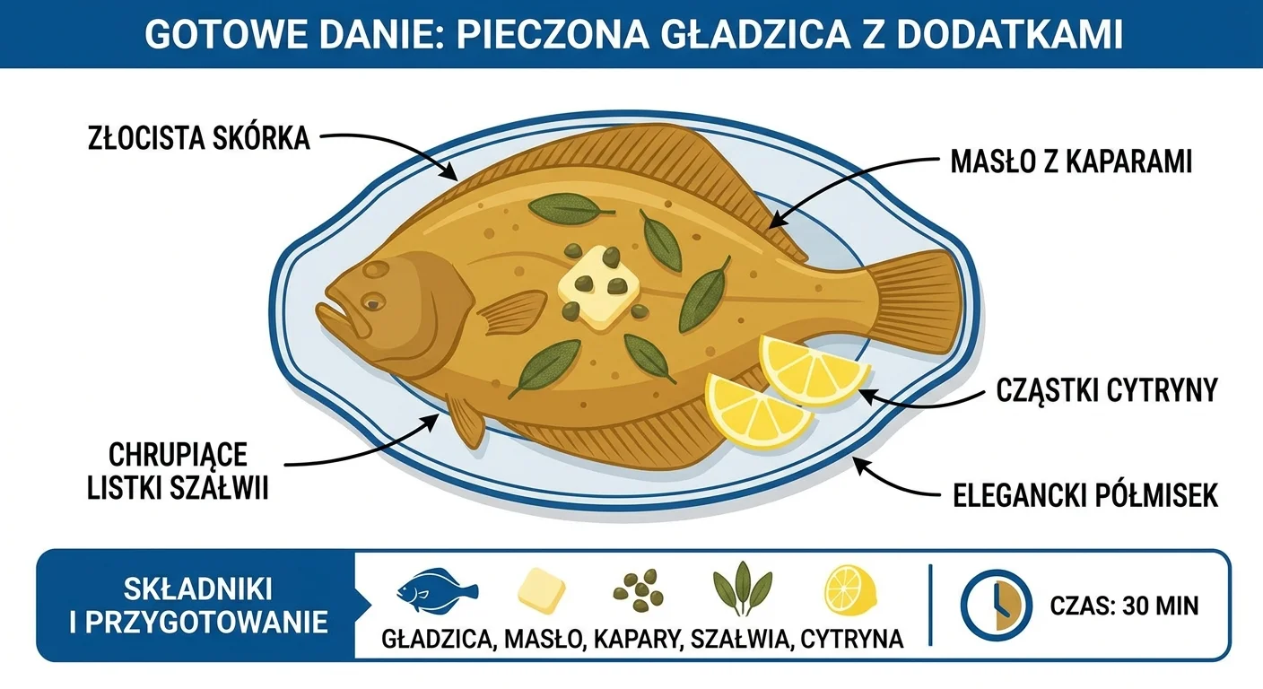 Gotowe danie: cała, złocista pieczona gładzica na eleganckim półmisku, polana masłem z kaparami i udekorowana chrupiącymi listkami szałwii. Obok leżą cząstki cytryny.