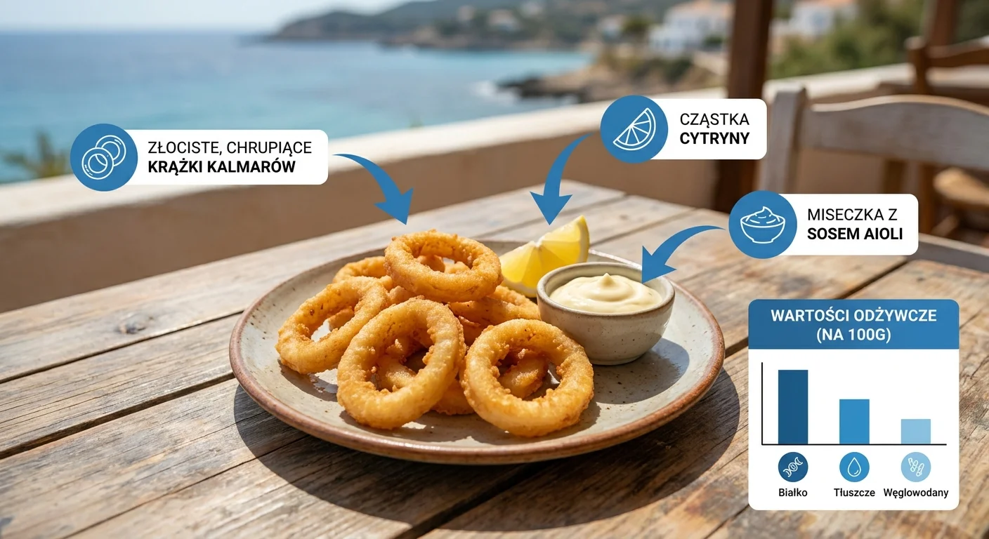 A stunning, high-resolution photo of golden-brown, crispy calamari rings piled on a plate, with a lemon wedge and a small bowl of creamy aioli next to it. The background suggests a rustic, Mediterranean setting.