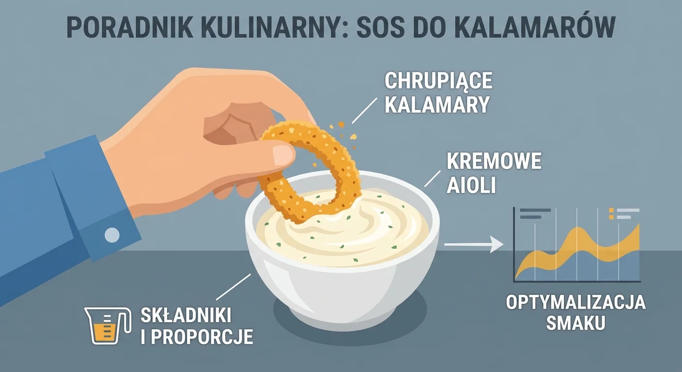 A close-up shot of someone dipping a crispy calamari ring into a creamy bowl of aioli. The texture of both the calamari and the sauce should be clearly visible and appetizing.
