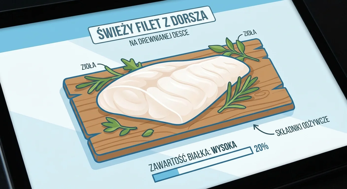 A close-up shot of a thick, pearly-white fresh cod fillet on a rustic wooden board with some herbs around it.