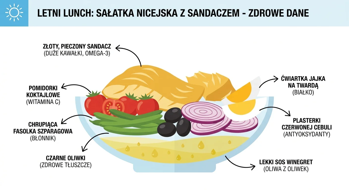 Pięknie skomponowana sałatka nicejska w szerokiej, płytkiej misce. Duże, łuszczące się kawałki złotego, pieczonego sandacza ułożone na wierzchu. Warzywa są żywe: pomidorki koktajlowe, chrupiąca fasolka szparagowa, czarne oliwki i plasterki czerwonej cebuli. Widoczna jest ćwiartka jajka na twardo. Całe danie lśni od lekkiego sosu winegret. Sceneria jest jasna i przewiewna, sugerując letni lunch.