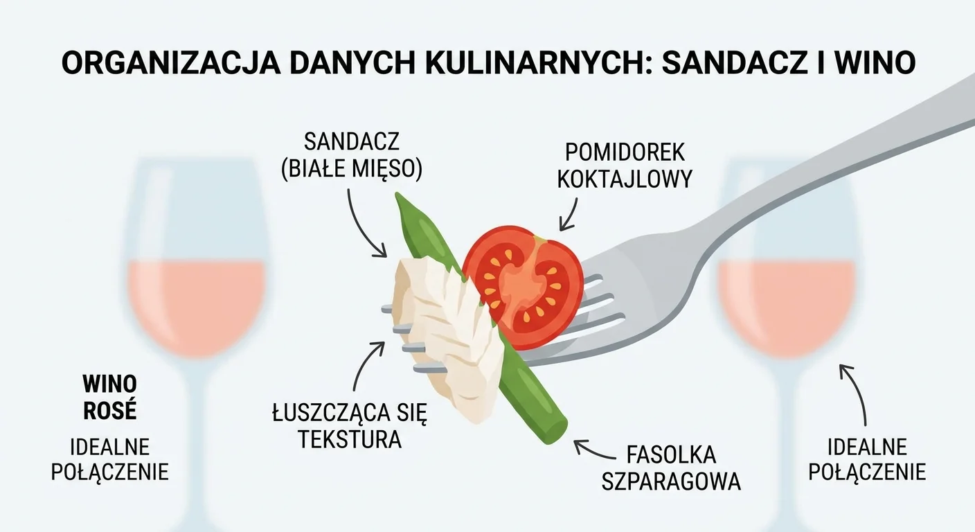 Zbliżenie na widelec unoszący kawałek łuszczącego się, białego mięsa sandacza wraz z pomidorkiem koktajlowym i fasolką szparagową. Tekstura ryby jest wyraźnie widoczna. W tle, lekko nieostry, kieliszek z bladoróżowym winem rosé, sugerujący idealne połączenie.